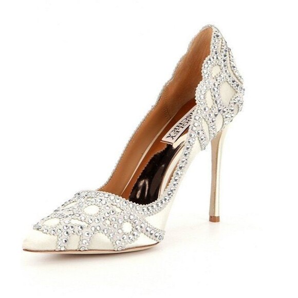 Badgley Mischka Rouge Crystal Embellished Heels Ivory Satin Wedding - Picture 1 of 14
